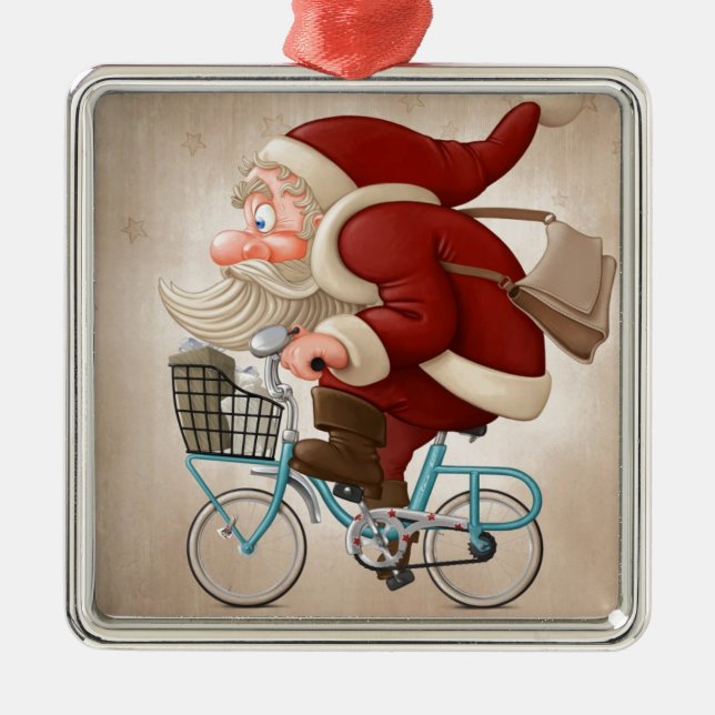 Weihnachtsmann fährt Fahrrad Silbernes Ornament (Vorne)
