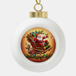 Weihnachtsmann fährt mit einem Rentier auf einem S Keramik Kugel-Ornament