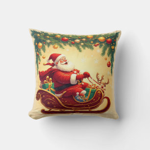 Weihnachtsmann fährt mit einem Rentier auf einem S Kissen