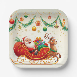 Weihnachtsmann fährt mit einem Rentier auf einem S Pappteller
