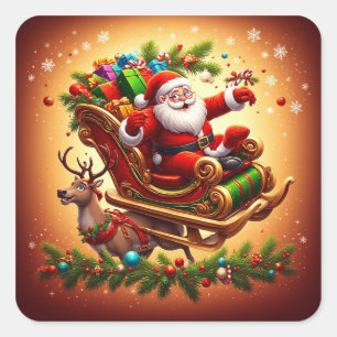 Weihnachtsmann fährt mit einem Rentier auf einem S Quadratischer Aufkleber