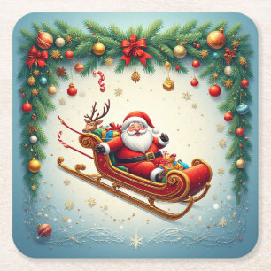 Weihnachtsmann fährt mit einem Rentier auf einem S Rechteckiger Pappuntersetzer