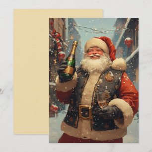 Weihnachtsmann feiert mit Champagner Karte