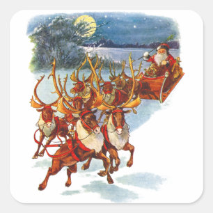 Weihnachtsmann-Fliegen mit seinem Ren geführten Quadratischer Aufkleber