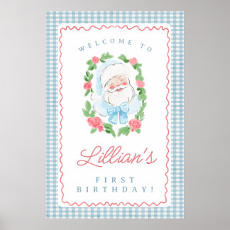 Weihnachtsmann-Geburtstags-Schild mit blauem Gingh Poster