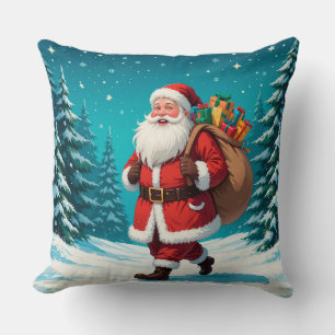 Weihnachtsmann geht fröhlich in einem schneereiche kissen