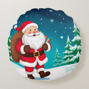 Weihnachtsmann geht fröhlich in einem schneereiche rundes kissen