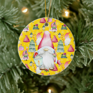 Weihnachtsmann-Gnome & Gelbes Muster Name & Datum Keramik Ornament