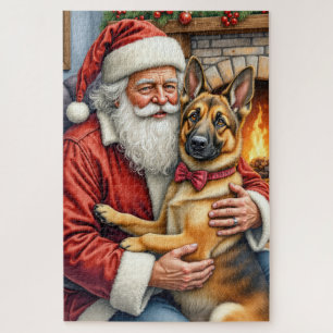 Weihnachtsmann hält belgische Schäferhund-Weihnach