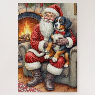 Weihnachtsmann hält Berner Sennenhund Weihnachten