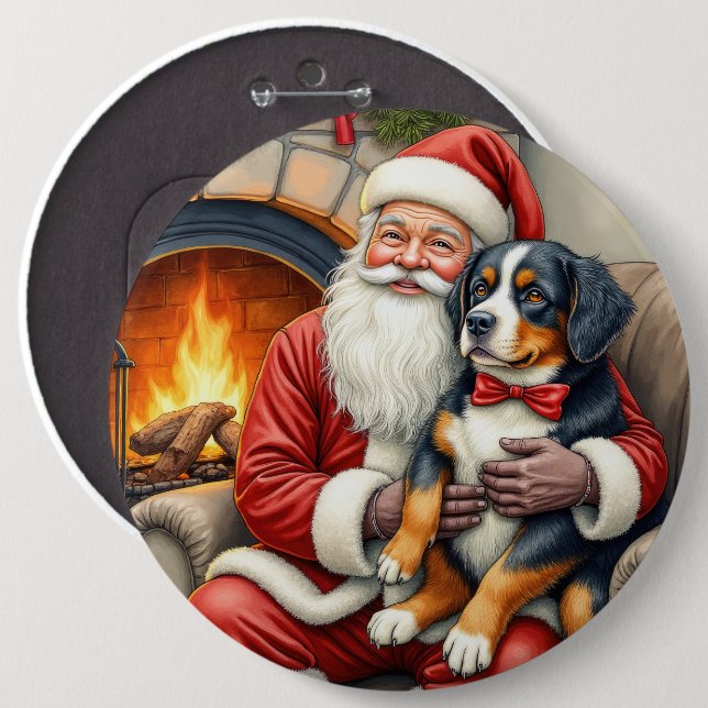 Weihnachtsmann hält Berner Sennenhund Weihnachten Button (Vorne & Hinten)