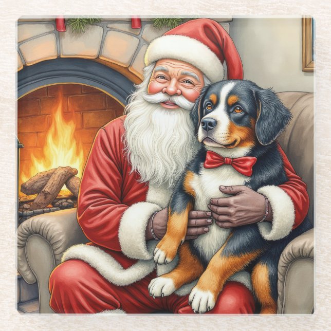 Weihnachtsmann hält Berner Sennenhund Weihnachten Glasuntersetzer (Vorderseite)