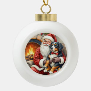 Weihnachtsmann hält Berner Sennenhund Weihnachten Keramik Kugel-Ornament