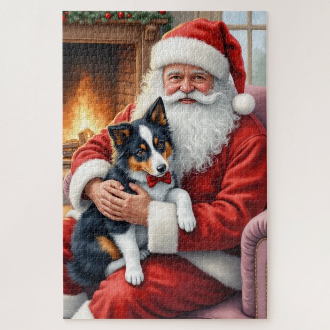 Weihnachtsmann hält Border Collie - Weihnachtskuns (Vertikal)