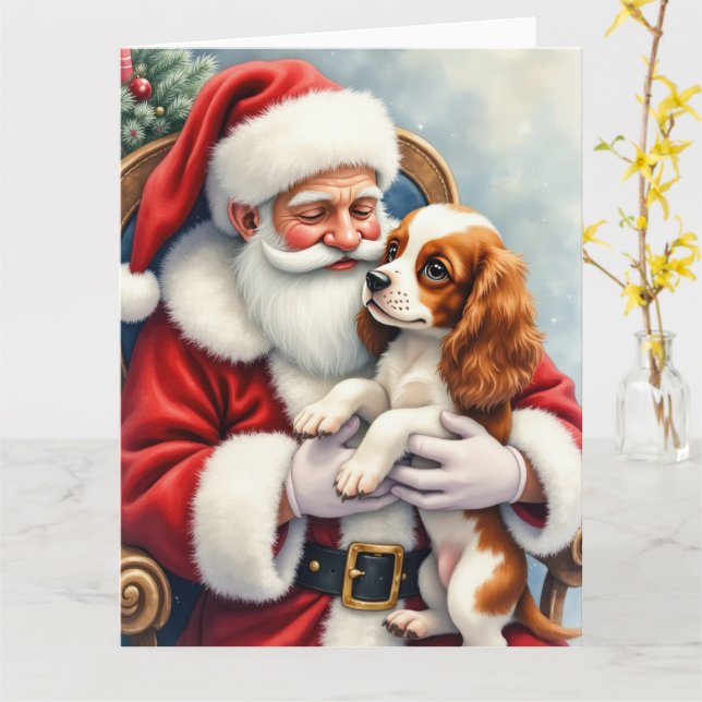 Weihnachtsmann hält Cavalier King Charles Spaniel  Karte (Gelbe Blume)