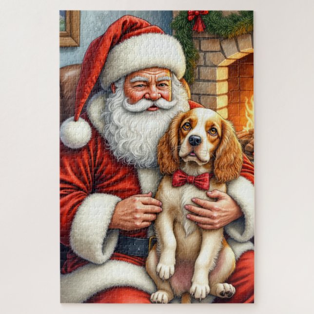 Weihnachtsmann hält Cocker Spaniel Weihnachtskunst (Vertikal)