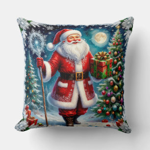 Weihnachtsmann hält ein Geschenk in einem magische Kissen