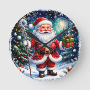 Weihnachtsmann hält ein Geschenk in einem magische Runde Wanduhr