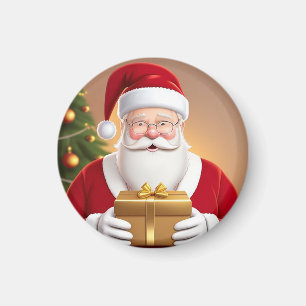 Weihnachtsmann hält Geschenkbox neben dem Weihnach Magnet