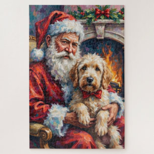 Weihnachtsmann hält Old English Sheepdog Weihnacht