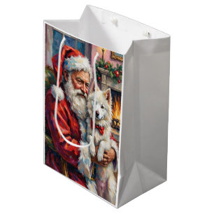 Weihnachtsmann hält Samojeden-Weihnachtskunst Mittlere Geschenktüte