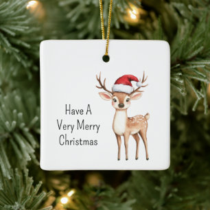 Weihnachtsmann-Hirsch in Weihnachtsmannmütze Keramikornament