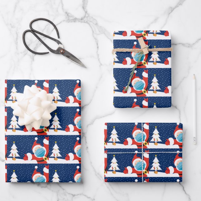 Weihnachtsmann im Gesicht Maske-Pandemie Geschenkpapier Set (Vorderseite)