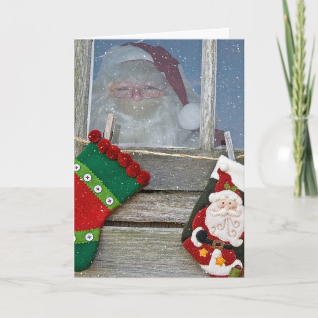 Weihnachtsmann im Kabinenfenster mit Schneeflocken Karte (Vorderseite)