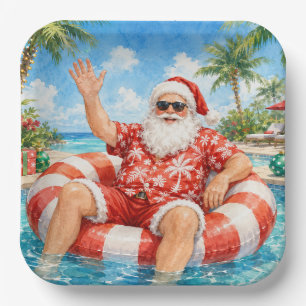 WEIHNACHTSMANN im Pool am Strand Weihnachten Pappteller