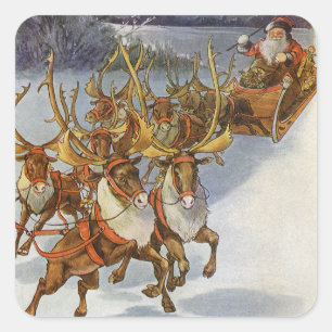 Weihnachtsmann im Schlitten mit Rentieren Quadratischer Aufkleber