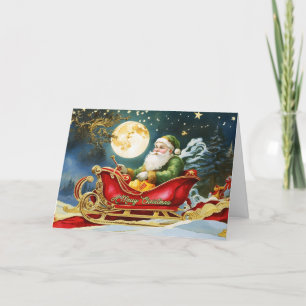 Weihnachtsmann im Schlitten, Vollmond, Sterne  Feiertagskarte