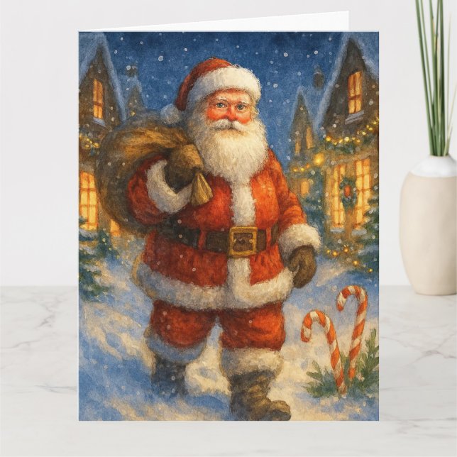 Weihnachtsmann im schneebedeckten Dorf Karte (Vorderseite)