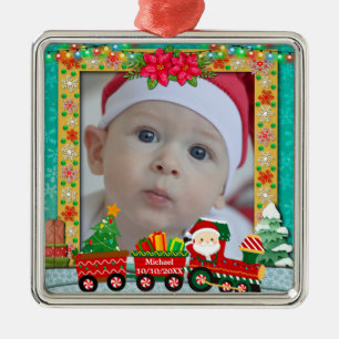 Weihnachtsmann im Zug und süßes Weihnachtsfoto Ornament Aus Metall