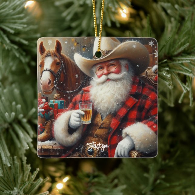 Weihnachtsmann in Cowboy hat Weihnachten Keramikornament (Baum)