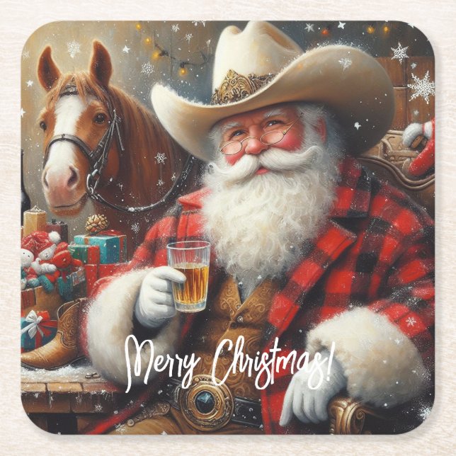 Weihnachtsmann in Cowboy hat Weihnachten Rechteckiger Pappuntersetzer (Vorderseite)