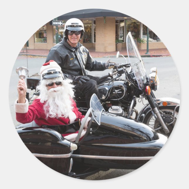 Weihnachtsmann in der Beiwagen-Motorbahn Runder Aufkleber (Vorderseite)