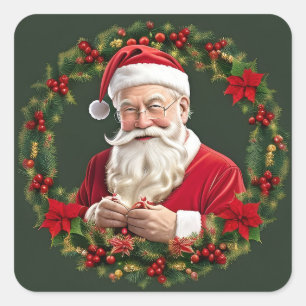 Weihnachtsmann in einem festlichen Kranz Quadratischer Aufkleber