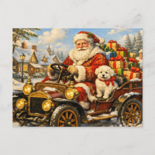 Weihnachtsmann in einem Oldtimer, der Geschenke li Feiertagspostkarte