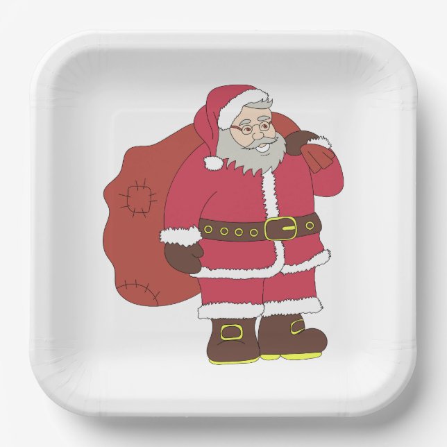 Weihnachtsmann in rot mit Geschenktasche und Brill Pappteller (Vorderseite)