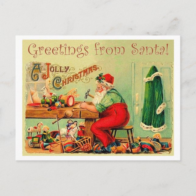 Weihnachtsmann in seiner Werkstatt, Weihnachten Postkarte (Vorderseite)