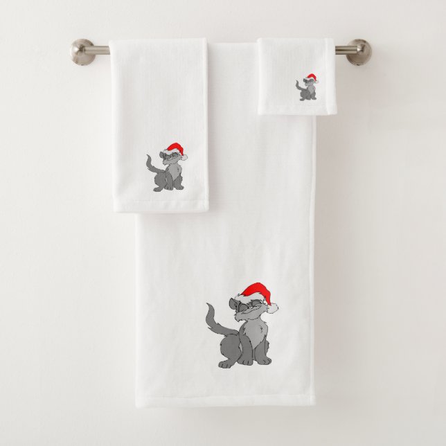 Weihnachtsmann-Katze mit einer roten Badhandtuch Set (Insitu)