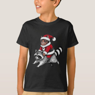 Weihnachtsmann-Katze reitet auf einem Waschbären W T-Shirt
