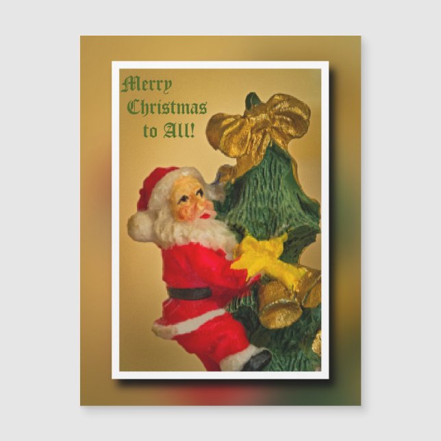 Weihnachtsmann Klettern im Weihnachtsbaum - Vintag Magnetkarte (Vorderseite)