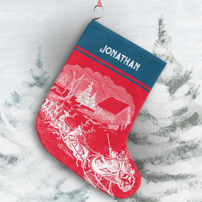 ❄ Weihnachtsmann kommt zu Sleigh Rentiers Großer Weihnachtsstrumpf (Santa Claus is Coming Sleigh Reindeers Large Christmas Stocking ©Susanne Sachers - Sunny Mind Design)