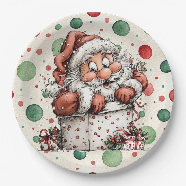 Weihnachtsmann kriecht aus Geschenkbox Pappteller (Vorderseite)