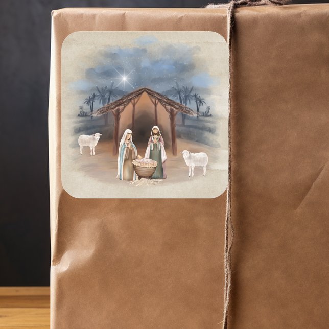 Weihnachtsmann Krippe Szene Wasserfarbe Quadratischer Aufkleber (Von Creator hochgeladen)