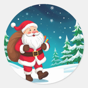 Weihnachtsmann läuft fröhlich in einem schneereich runder aufkleber