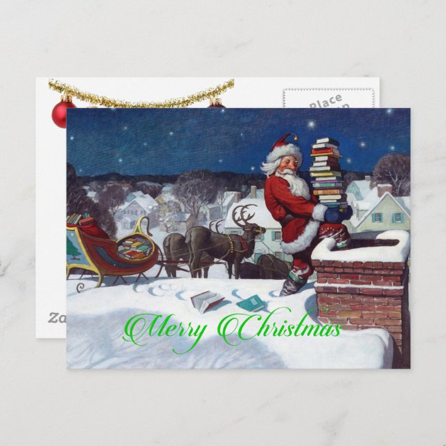 Weihnachtsmann liefert Bücher Postkarte (Vorne/Hinten)