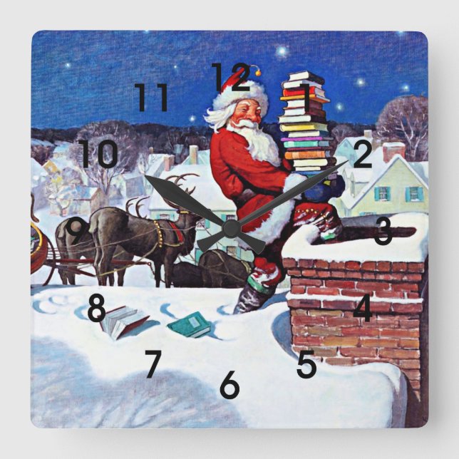 Weihnachtsmann liefert eine Armadung von Büchern Quadratische Wanduhr (Vorderseite)