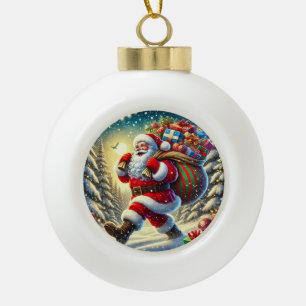 Weihnachtsmann liefert Geschenke an einem schneebe Keramik Kugel-Ornament